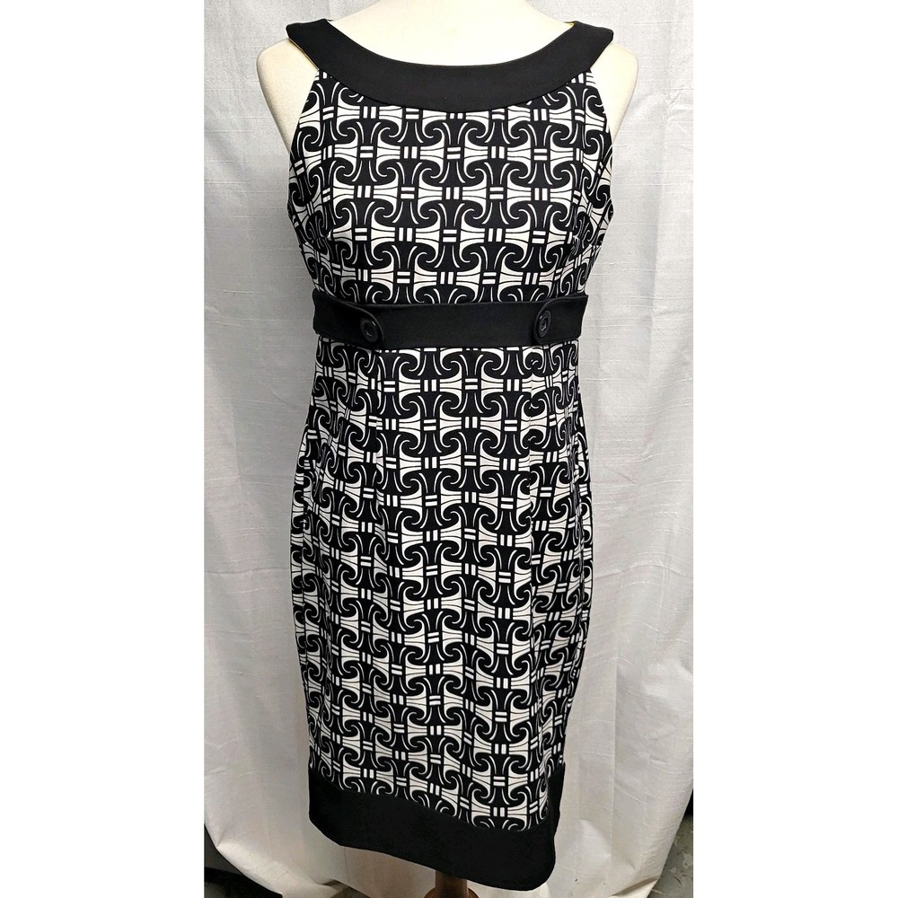 London Times Mod Retro Dress Womens 8 Sleeveless Abstract Blk/White Belted READ